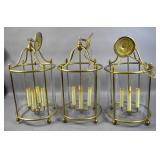 Set of 3 brass & glass hall lanterns