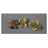 Three 14 KT. yellow gold & stone pins Three 14 KT. yellow gold & stone pins
