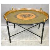 Painted tole tray on metal folding stand Painted tole tray on metal folding stand