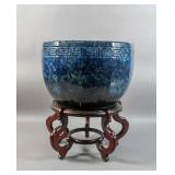Asian blue glazed ceramic planter on stand Asian blue glazed ceramic planter on stand