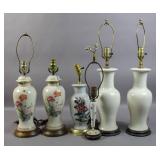 Group of 6 cream ground porcelain lamps