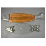 Wood and metal fish-form serving dish;