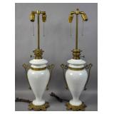 Pair of milk glass & gilt-metal lamps
