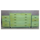 Mid Century green painted chest & night tables