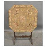 Stripped mahogany tilt-top needlepoint card table