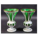 Pair of Bohemian style enamel & green glass vases