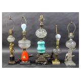 Group of 5 clear & colored glass oil lamps