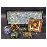 Group of enamel boxes & frames;