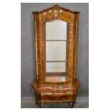 Louis XV style burl walnut vitrine on bombe stand