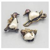 3 Gold-tone and faux pearl duck pins