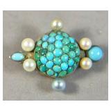 Silver, turquoise and faux pearl brooch pin