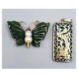 14kt gold, jade, nephrite and pearl butterfly pin