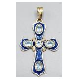 14kt Gold, blue topaz  & enamel cross pendant