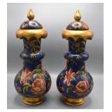 Pair of painted wood covered vases
