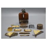 Silver pill box and fan;