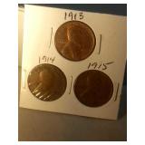 lot of 3 Lincoln pennies - 1913, 1914, and 1915