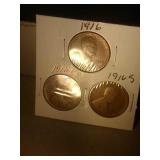 lot of 3 Lincoln pennies - 1916 PDS