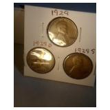 lot of 3 Lincoln pennies - 1929 PDS