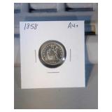 1858 Seated Liberty dime AU+