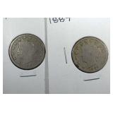 1887 & 1889 Liberty Nickel coins