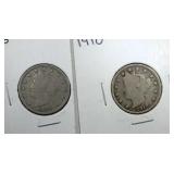 1908 & 1910 Liberty Nickel coins