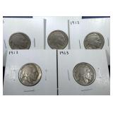 five 1913 Type II Buffalo Nickel coins