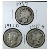 1917 PDS Mercury Dime coins