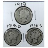 1918 PDS Mercury Dime coins