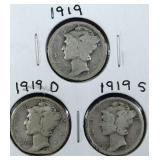 1919 PDS Mercury Dime coins