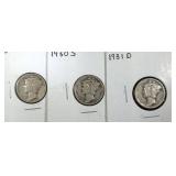 1930, 1931 D & 1931 S Mercury Dime coins