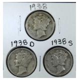 1938 PDS Mercury Dime coins