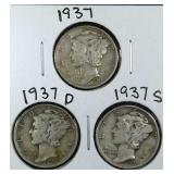 1937 PDS Mercury Dime coins