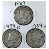 1939 PDS Mercury Dime coins