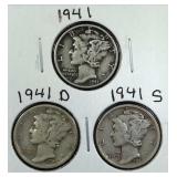 1941 PDS Mercury Dime coins