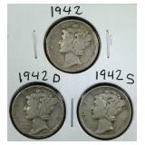 1942 PDS Mercury Dime coins