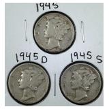 1945 PDS Mercury Dime coins