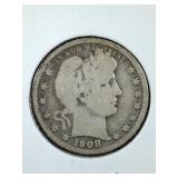 1908 Barber Quarter coin