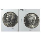 1991 & 1991 D Kennedy Half Dollar coins