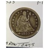 1853 with Arrow & Rays Seated Liberty Quarter Coin