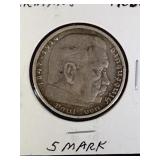 1936 J Germany Silver 5 Mark World Coin