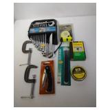 2 C-clamps, Wrench Set, 10 Ft. Tape Measure, Nail