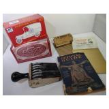 2 small Clip Boards, 2 Coin Banks, old Stamper