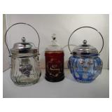 2 Glass Musical Biscuit Jars and 1 Glass Jar