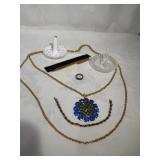 Assorted Costume Jewelry- 1 glass ring holder, 1