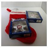 Wisconsin Badgers stocking and two star ornaments