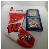 Wisconsin Badgers stocking and 2 star ornaments
