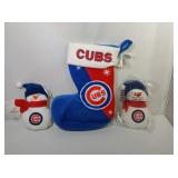Chicago Cubs weighted stocking and 2 snowmen