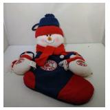 Boston Red Sox stocking and 2 plush snowmen