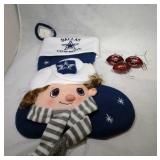 Dallas Cowboys stocking and 3 football ornaments