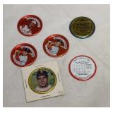 5 Topps Baseball coins and one NHL Dickie Moore